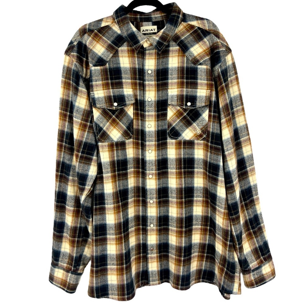 Ariat Retro Plaid Flannel Western Cowboy Work Barn SZ XXL Snap Black & Tan Shirt